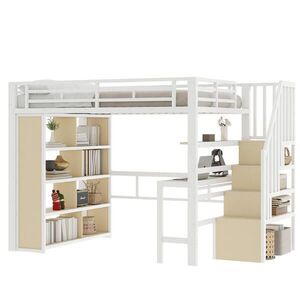 STILVORA HOCHBETT 140/200 cm in Weiß mit Schreibtisch, Regal, LED und Stauraumtreppe obraz