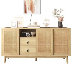 STILVORA KUCHYŇSKÁ SKŘÍŇ v přírodní barvě s posuvnými ratanovými dvířky a zásuvkami, 155×38×80 cm obraz