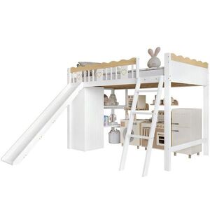 STILVORA HOCHBETT 90/200 cm in Weiß & Natur Kinderbett mit Rutsche, Kleiderschrank und Ablageschrank obraz