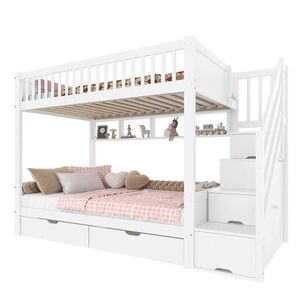 STILVORA ETAGENBETT 90/200 cm in Weiß Kinderbett mit 2 Schubladen, Regal, Kleiderschrank und Staufach obraz