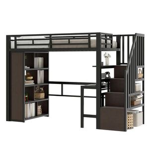 STILVORA HOCHBETT 90/200 cm in Schwarz mit Schreibtisch, Regalen, LED und Stauraumtreppe obraz