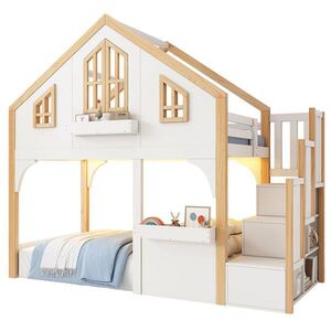 STILVORA ETAGENBETT 90/200 cm in Weiß & Natur mit Stauraumtreppe und LED im Hausbett-Design obraz