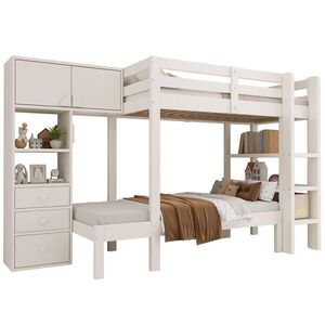 STILVORA ETAGENBETT 90/200 cm & 90/200 cm in Weiß mit Schrank, 3 Schubladen, Regal und LED obraz