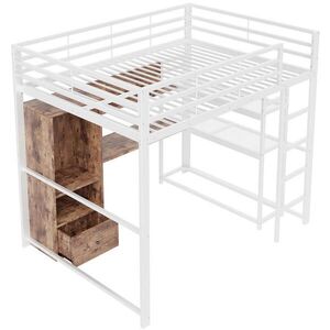 STILVORA HOCHBETT 140/200 cm in Weiß mit Schreibtisch, 1 Schublade, Regal und LED Metallbett obraz