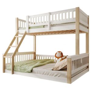 STILVORA ETAGENBETT 90/200 cm & 140/200 cm in Weiß & Natur mit Leiter und Bettgitter aus Massivholz im schlichten Design obraz