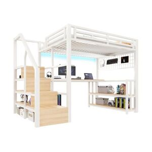 STILVORA HOCHBETT 140/200 cm in Weiß Kinderbett mit Regal, Schreibtisch, LED, USB und Type-C obraz
