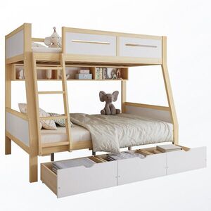 STILVORA ETAGENBETT 90/200 cm & 120/200 cm in Weiß & Natur Kinderbett mit 3 Schubladen, Bilderbuchständer und Trittleiter obraz