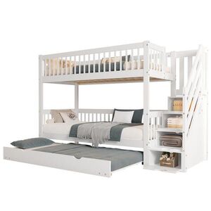 STILVORA ETAGENBETT 90/200 cm & 90/190 cm in Weiß mit Rollbett, Leiterschrank und Handlauf obraz