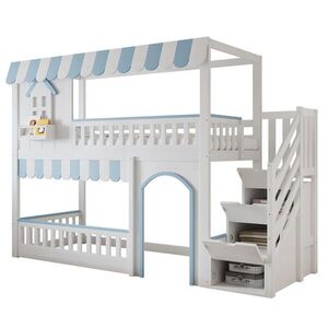 STILVORA ETAGENBETT 90/200 cm in Weiß & Blau Kinderbett mit Treppenregal, Schutzgittern und Lattenrost obraz