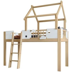 STILVORA HOCHBETT 90/200 cm in Weiß & Natur Kinderbett mit Fallschutz, Leiter und Dachdesign obraz