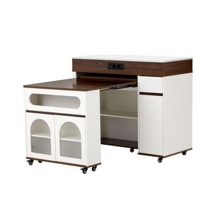 Modfu KUCHYŇSKÝ ostrůvek z MDF 187, 5x110, 5x95, 5 cm bílý/ořechový s výsuvnou deskou, kolečky a zásuvkovou lištou obraz