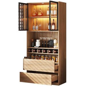 Modfu VITRÍNA z MDF 80x40x180 cm přírodní s prosklenými dvířky, LED osvětlením a odnímatelným držákem na sklenice obraz
