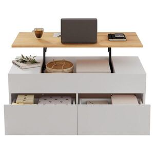 Modfu KONFERENČNÍ stolek z dřevotřísky 100x50x40 cm bílý s dekorem dřeva, výškově nastavitelný se 2 zásuvkami a úložným prostorem obraz