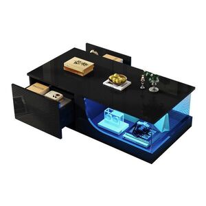 Modfu KONFERENČNÍ stolek z MDF a tvrzeného skla 100x50x30 cm černý s LED osvětlením, 2 zásuvkami a vysokým leskem obraz