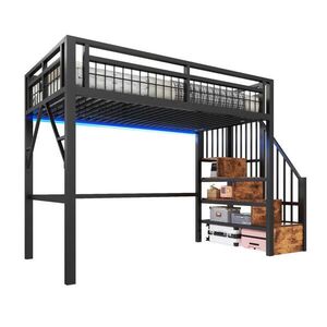 OKWISH PATROVÁ postel 90/200 cm černá z kovu a MDF s LED osvětlením a schůdky obraz