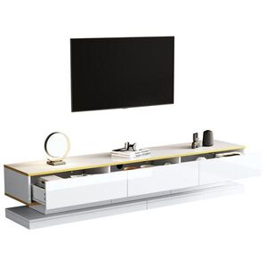 Redom TV stolek 200/40/40 cm s 3 zásuvkami, vysoký lesk, úložný prostor a originální tvar, Bílá obraz