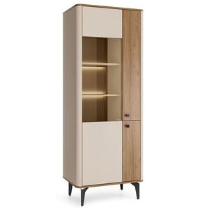 Beautysofa VITRÍNA Aurora, skleněná skříň s tvrzeným sklem, s LED osvětlením, ořech + kašmír obraz