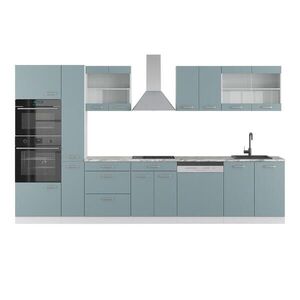 Vicco KUCHYŇSKÝ KOUT R-Line Modrošedá/bílá 350 cm s vysokou skříní, s pracovní deskou obraz