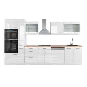 Vicco KUCHYŇSKÝ KOUT R-Line Bílá vysoký lesk/bílá 350 cm s vysokou skříní, PD Dub obraz