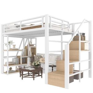 STILVORA HOCHBETT 140/200 cm in Weiß mit Regal, Stauraumstufen und LED obraz