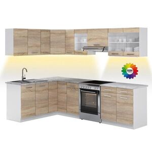 Vicco ROHOVÁ KUCHYŇSKÁ LINKA R-Line, Sonoma/Bílá, 267 x 167 cm s pracovní deskou s páskem LED obraz