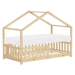 ML-DESIGN DĚTSKÁ POSTEL ve tvaru domečku s matrací 80 x 160 cm, přírodní borovice, s ochranou proti vypadnutí obraz