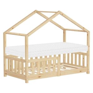 ML-DESIGN DĚTSKÁ POSTEL ve tvaru domečku s matrací 70x140 cm, přírodní, z borového dřeva, s ochrannou zábranou proti vypadnutí obraz