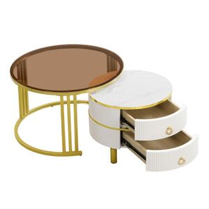 STILVORA SET KONFERENČNÍCH STOLŮ v bílé a hnědé barvě se 2 zásuvkami a tvrzeným sklem, 70×70×45 cm obraz