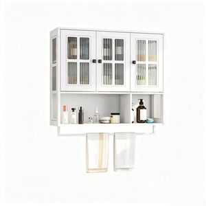 STILVORA NÁSTĚNNÁ SKŘÍŇKA v bílé barvě se 3 dvířky a držákem na ručníky do koupelny a kuchyně, 88×26×82, 5 cm obraz