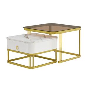 STILVORA SET KONFERENČNÍCH STOLŮ v bílé barvě se zásuvkami a zlatými nohami do obýváku, 60×60×45 cm obraz