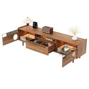 Redom TV stolek 180/40/50 cm s LED osvětlením, pro kočky, dvířky z tvrzeného skla a zásuvkou, Ořechová obraz