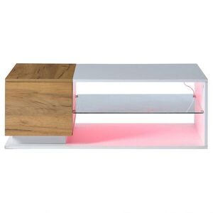 Redom KONFERENČNÍ stolek 105/50/36 cm s LED osvětlením, úložným prostorem a vysokým leskem, Bílá a dubová obraz