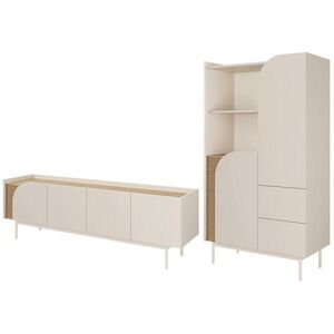 Beautysofa OBÝVACÍ STĚNA Camel, TV stolek 172 cm + regál na knihy 90 cm, rýhovaný detail, jarní dub + Macadamia obraz