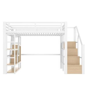 Modfu VYVÝŠENÁ dětská postel z kovu a MDF 140x200 cm bílá s LED osvětlením, úložnými schody a policemi obraz