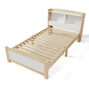 OKWISH JEDNOLŮŽKO 90/200 cm bílé a přírodní z masivního dřeva s úložným čelem a matrací obraz