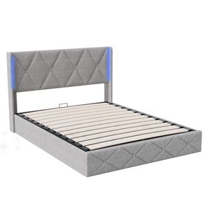 ČALOUNĚNÁ postel 140x200 cm s lamelovým roštem a boxem, čelo, LED, sametový potah, šedá obraz