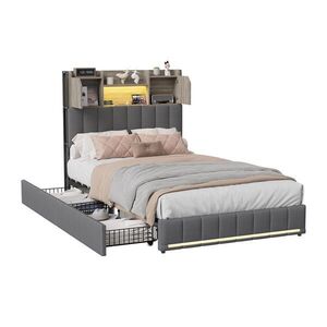 EuroLiving ČALOUNĚNÁ postel 90x200 cm, šedá, 2 zásuvky, LED RGB podsvícení čela a nohou, USB/USB-C obraz