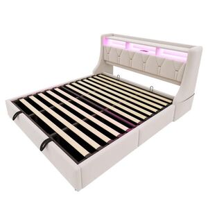 WISHDOR ČALOUNĚNÁ POSTEL 180 × 200 cm v béžovém sametu s úložným prostorem, LED osvětlením, USB a USB-C obraz