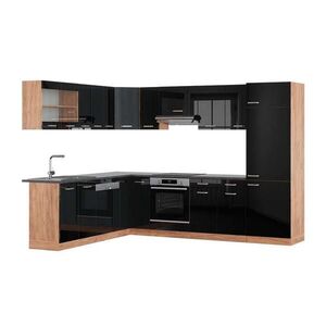 Vicco ROHOVÁ KUCHYŇ R-Line, Černý vysoký lesk/Zlatý mocný dub, 287 x 227 cm, PD Antracit obraz