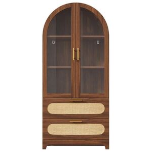 Urban Meuble HIGHBOARD v dekoru ořech se sklem a PE ratanem, obloukový design se 2 zásuvkami obraz