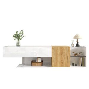Modfu TV komoda z dřevotřísky 180x38x48 cm bílá/přírodní s částečným vysokým leskem, skleněnými policemi a úložným prostorem obraz