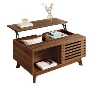 Modfu KONFERENČNÍ stolek z MDF 90x55x57, 5 cm ořechová barva s výškově nastavitelnou deskou a posuvnými lamelovými dvířky obraz