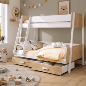 ArtBed Dětská patrová postel s roštem MORITZ | dub/bílá 120 x 200 cm obraz