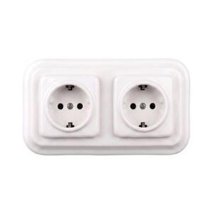 Elhard - Dvojitá keramická retro zásuvka domovní s rámečkem SCHUKO 230V bílá EF0016+2xEF0014 obraz
