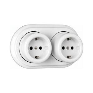 Elhard - Dvojitá nástěnná keramická retro zásuvka s rámečkem SCHUKO 230V bílá EF0055+2xEF0051 obraz