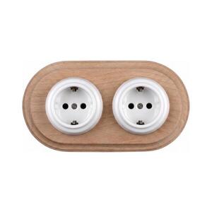 Elhard - Dvojitá keramická retro zásuvka domovní s rám SCHUKO 230V bílá/dřevo EF0096+2xEF0087 obraz