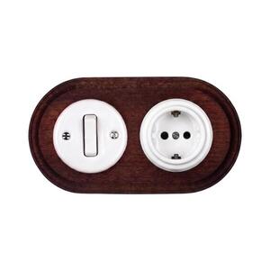 Elhard - Keramický retro vypínač č. 1 a zásuvka 230V s rám SCHUKO bílá/dřevo EF0114+EF0081+EF0087 obraz