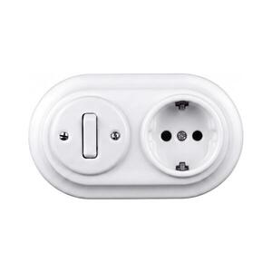 Elhard - Keramický retro vypínač č. 1 a zásuvka 230V s rámečkem SCHUKO bílá EF0089+EF0081+EF0087 obraz