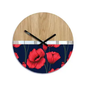 ModernClock Dřevěné nástěnné hodiny Máky 33 cm dub přírodní/červené obraz