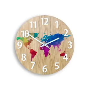 ModernClock Dřevěné nástěnné hodiny Mapa Wood 33 cm hnědé/barevné obraz